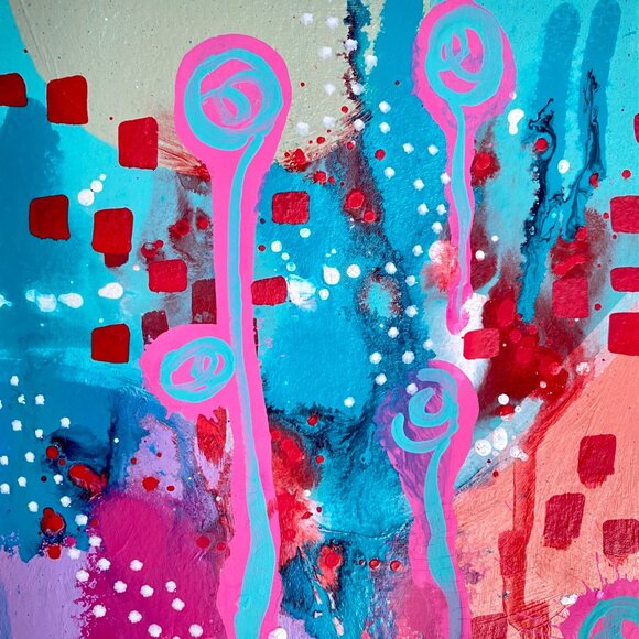 Summer Pop 1 Original Art Acrylic Painting Turquoise Pink Red Frame Ready 8x10in - Picture 2 of 6